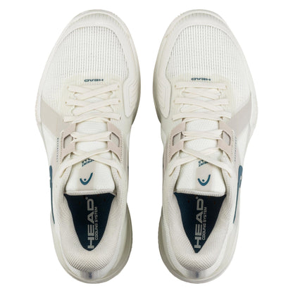 Top view of HEAD Sprint Pro Women's Tennis Shoes in Chalk White/Twilight Blue, designed for advanced players, offering lightweight comfort with mesh fabric, lace-up closure, and featuring the HEAD logo near the heel and tongue.