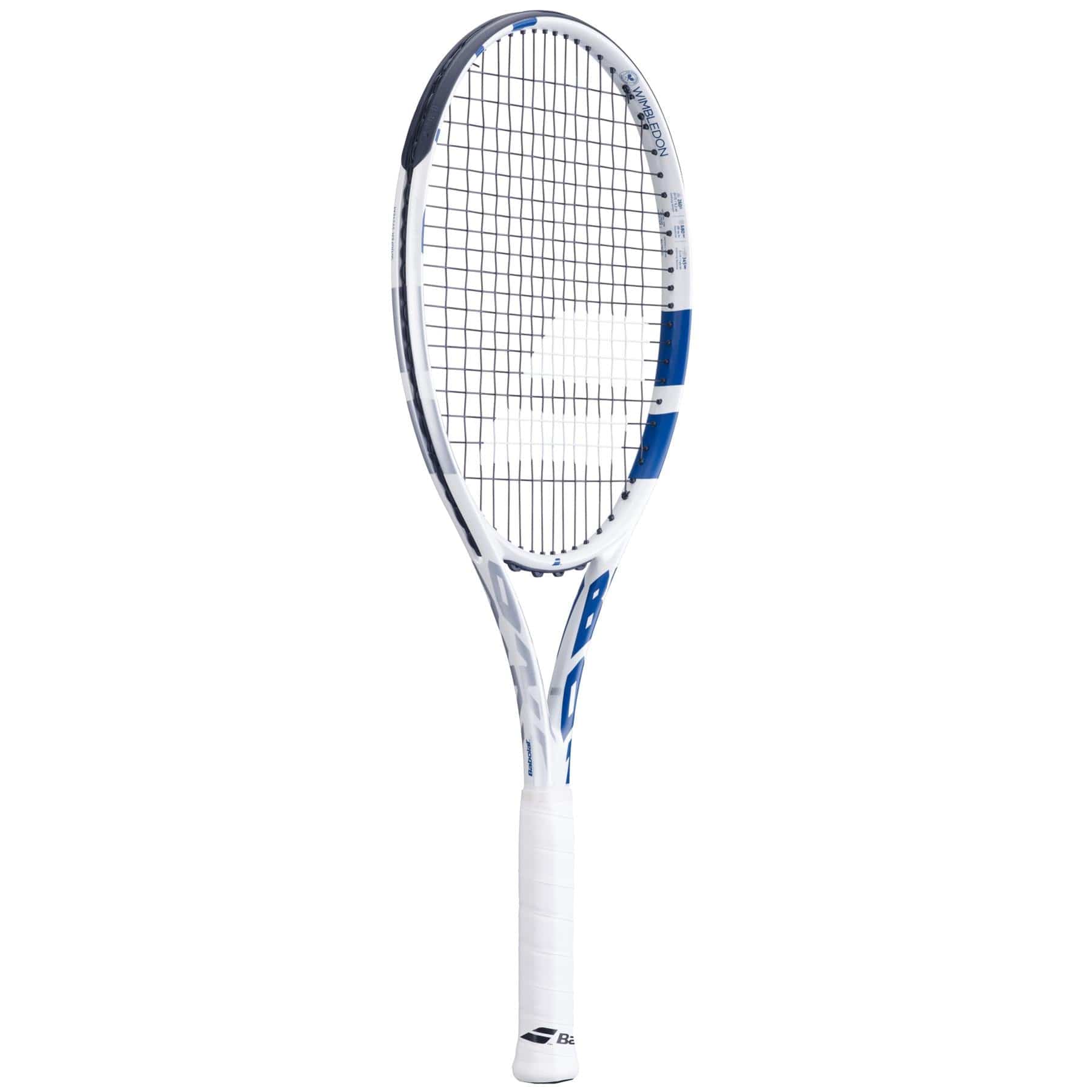 The Babolat Boost Wimbledon Tennis Racket - White is designed with a lightweight frame and features a white grip. Its head includes a grid of strings adorned with a distinctive logo, perfect for beginners. The racket is accented with blue details, along with branding along the sides to complement its elegant design.