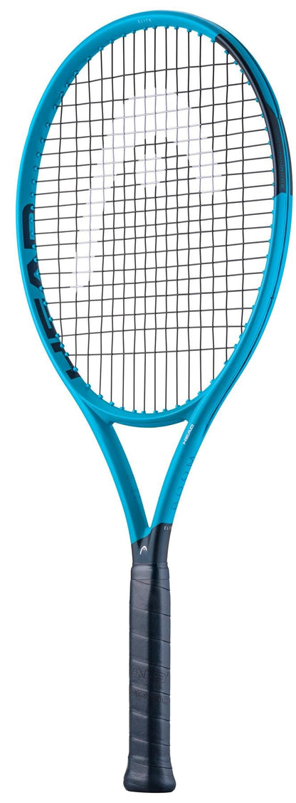 The HEAD Boom Elite 2026 Tennis Racket in blue and black features a black grip and strings with "HEAD" on the frame, designed for power and comfort. Displayed upright against a white background.