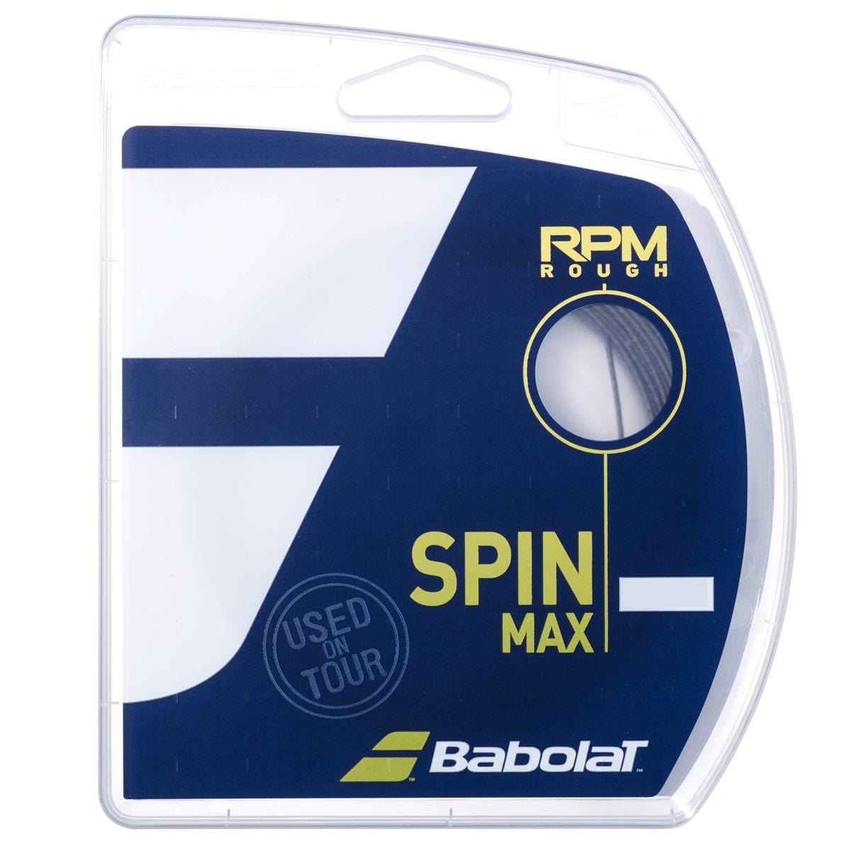 The Babolat RPM Rough Tennis String (12m) in Dark Grey is displayed in a transparent case with an eye-catching "7" design. Prominent text on the packaging includes "SPIN MAX," "RPM Rough," and "USED ON TOUR." The co-polyester strings are visible through a small circular window on the package.