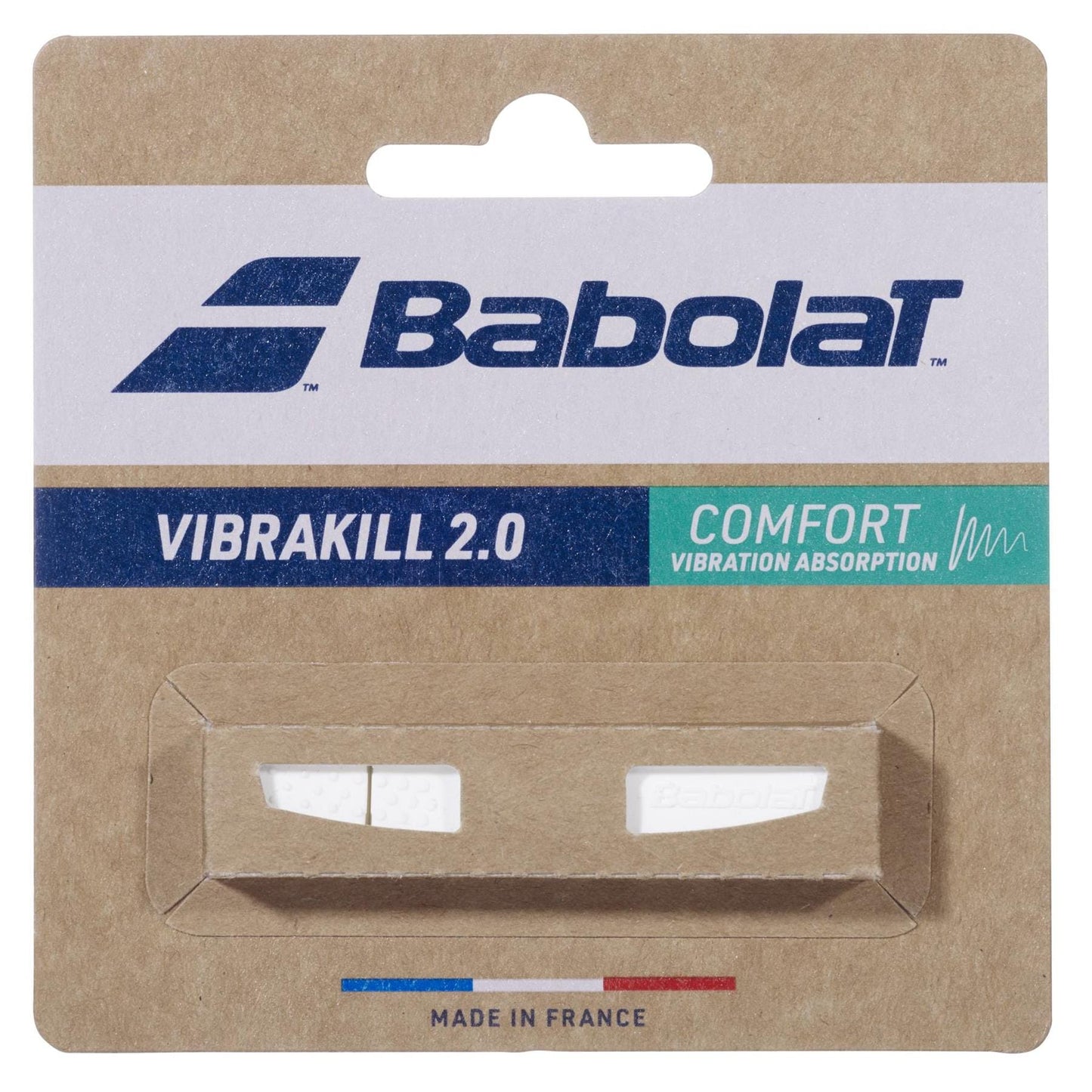 Brown cardboard packaging for the Babolat Vibrakill 2.0 Tennis Dampener - White by Babolat, a comfort accessory that absorbs racket vibrations; “Made in France” appears at the bottom.