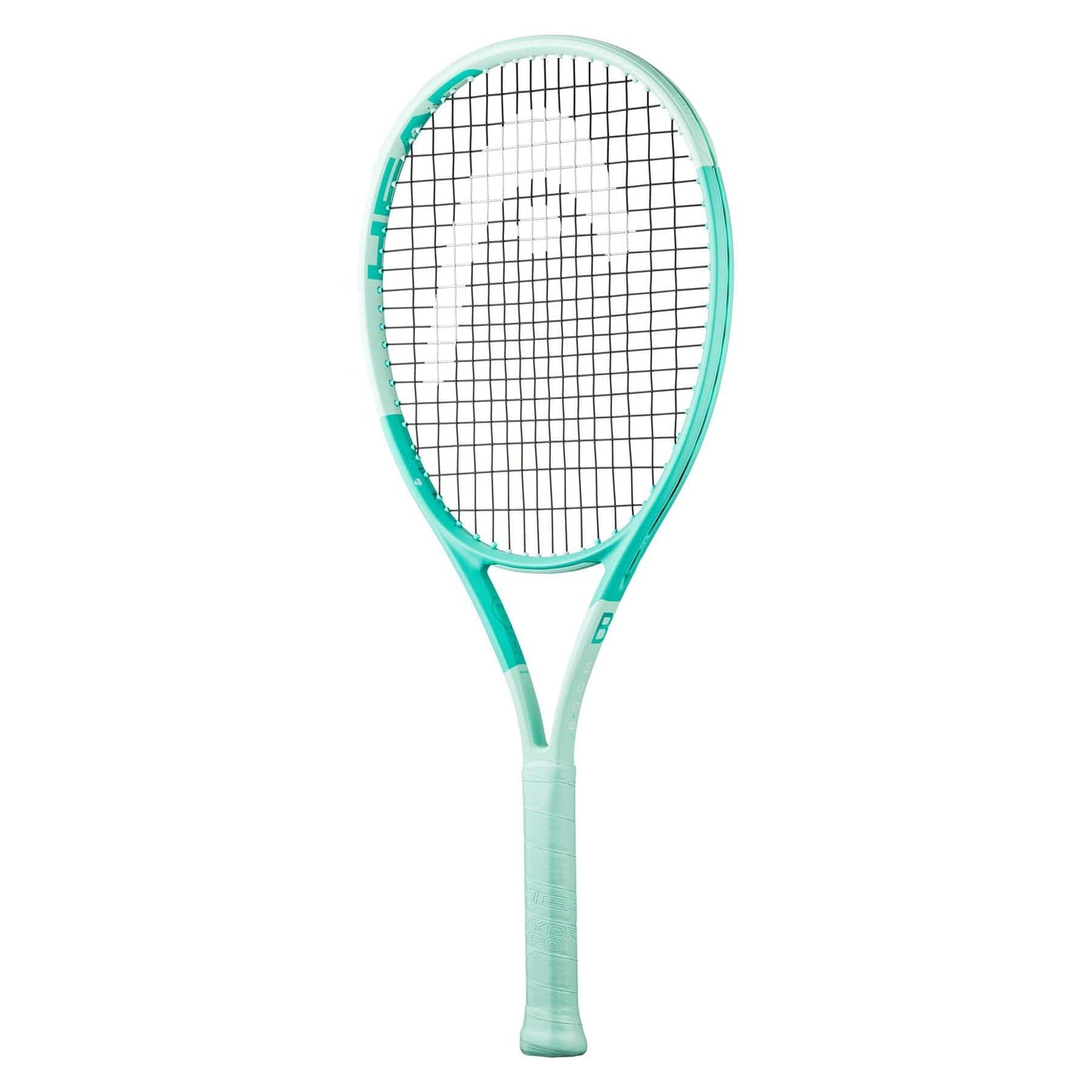 The HEAD Boom Junior 2024 Alternate Tennis Racket in mint showcases a teal and white design with black string grid and branding, enhanced by Graphene technology for increased performance, set against a simple white background.