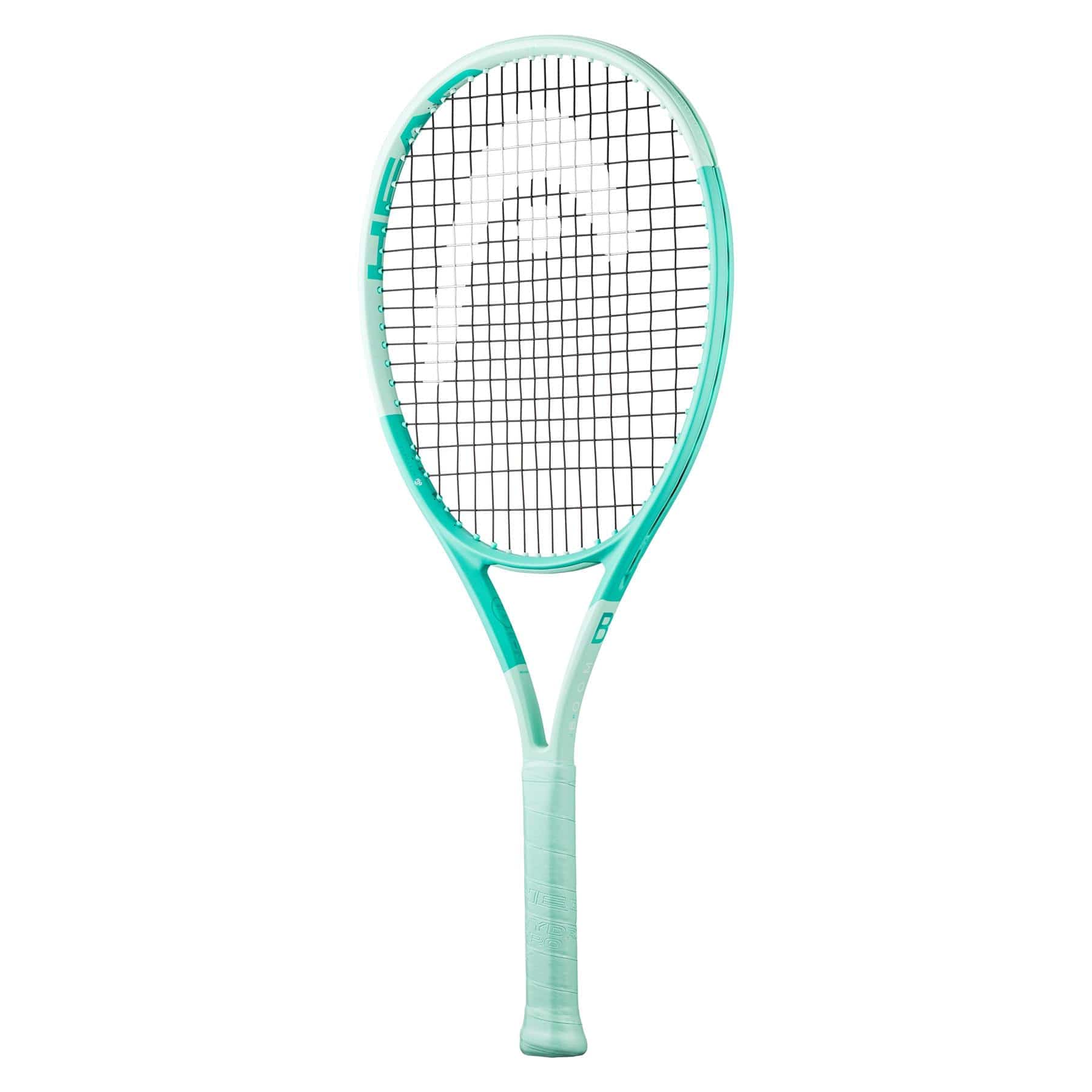 The HEAD Boom Junior 2024 Alternate Tennis Racket in mint showcases a teal and white design with black string grid and branding, enhanced by Graphene technology for increased performance, set against a simple white background.