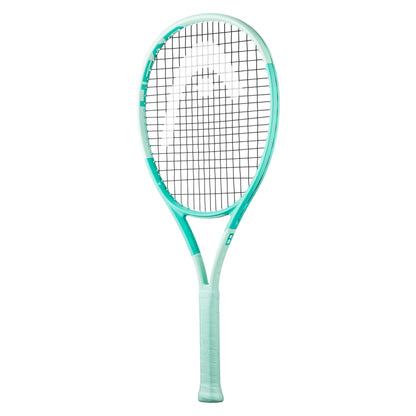 The HEAD Boom Junior 2024 Alternate Tennis Racket in mint showcases a teal and white design with black string grid and branding, enhanced by Graphene technology for increased performance, set against a simple white background.