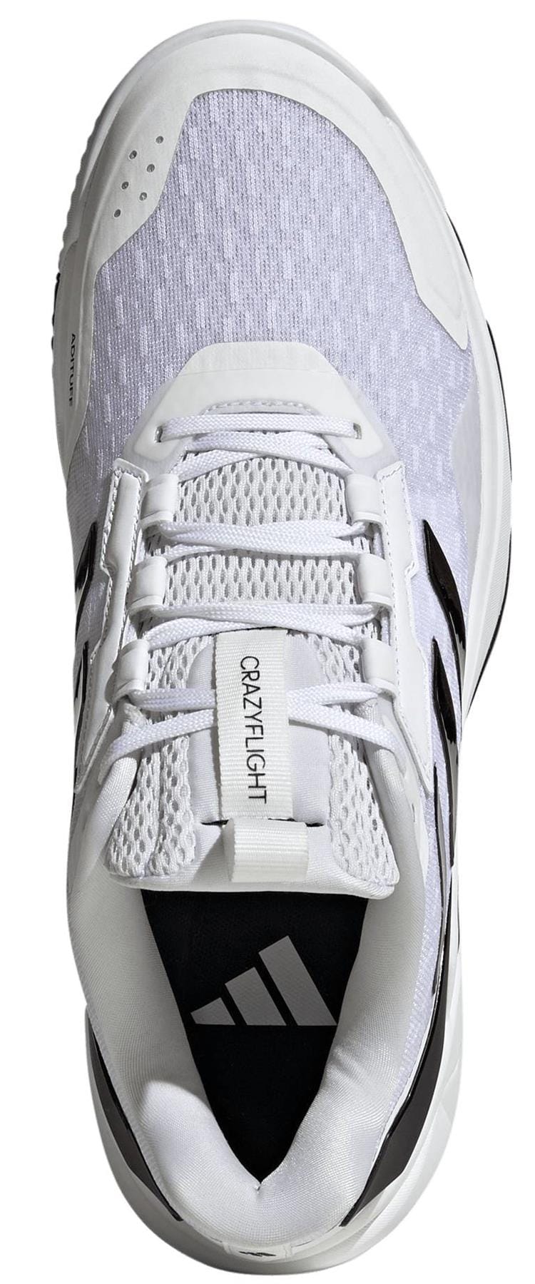 Top view of ADIDAS Crazyflight 6 Men's Indoor Tennis Shoes in white with black accents, breathable mesh upper, "Crazylight" on the tongue, and adidas logo on the insole—ideal for indoor courts.