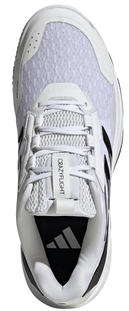 Top view of ADIDAS Crazyflight 6 Men's Indoor Tennis Shoes in white with black accents, breathable mesh upper, "Crazylight" on the tongue, and adidas logo on the insole—ideal for indoor courts.