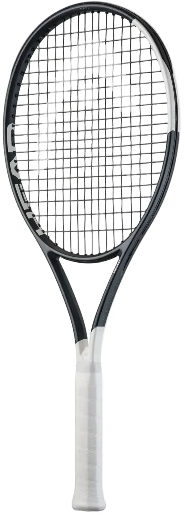 The HEAD Speed MP UL 2026 Tennis Racket by HEAD, in black and white with a white grip and Hy-Bor technology, is displayed vertically against a plain white background.