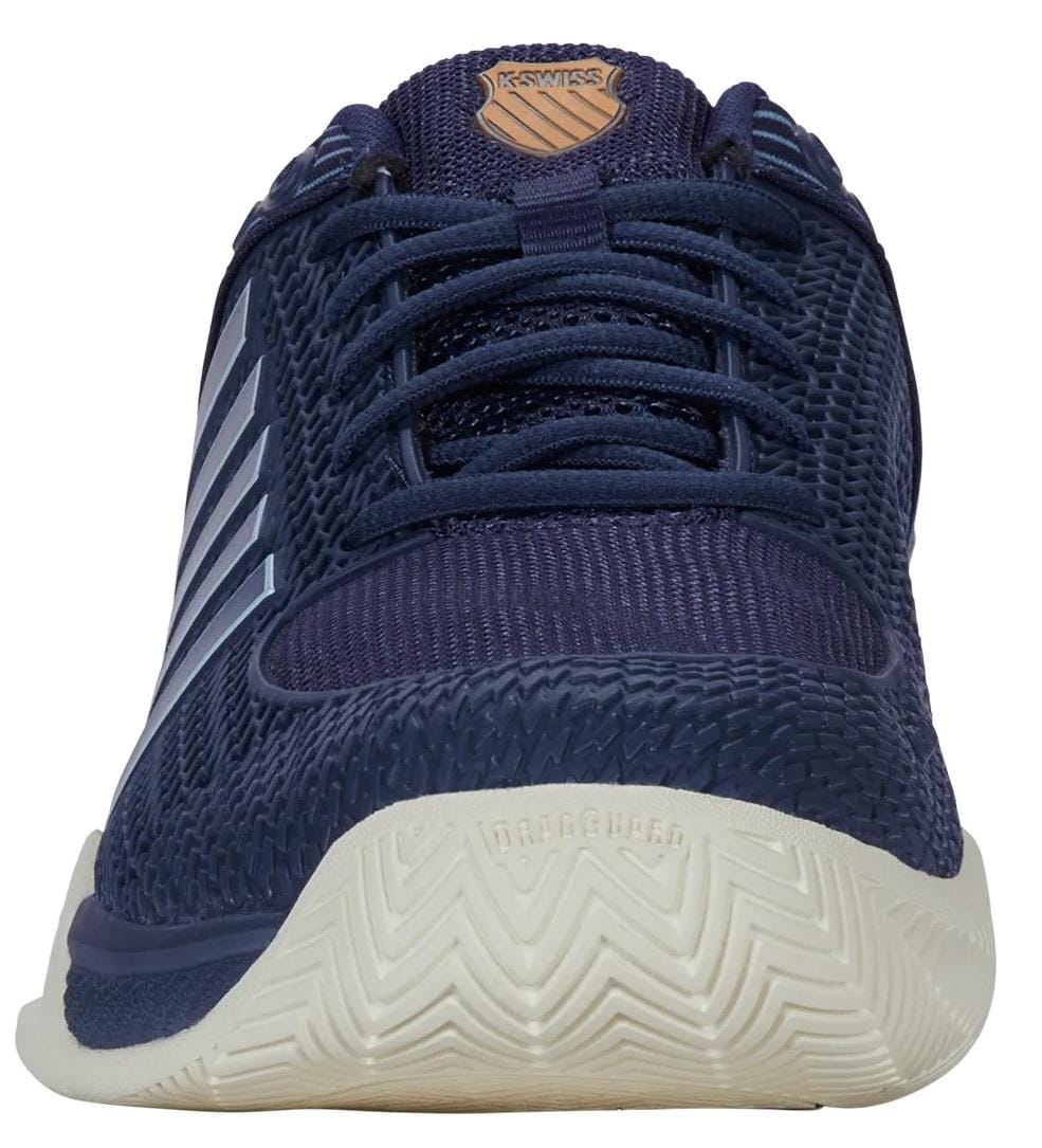 Front view of the K-Swiss Express Light Men's Pickleball Shoes in Oceana / Forget Me Not, featuring a textured white sole, dark blue laces, mesh upper with diagonal stripes, and the K-Swiss logo on the tongue.