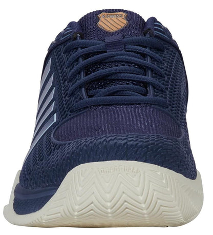 Front view of the K-Swiss Express Light Men's Pickleball Shoes in Oceana / Forget Me Not, featuring a textured white sole, dark blue laces, mesh upper with diagonal stripes, and the K-Swiss logo on the tongue.