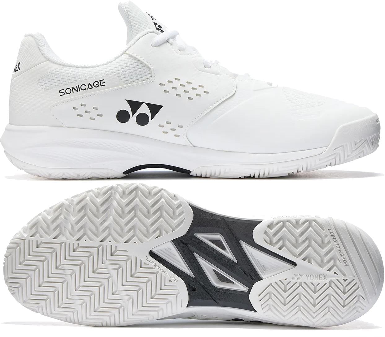 A pair of white Yonex Power Cushion Sonicage Wide Unisex Tennis Shoes, shown from the side and bottom. The side view highlights the "Sonicage" label and Yonex logo; the sole features a herringbone grip and Yonex branding.