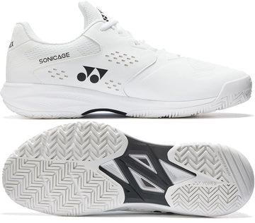 A pair of white Yonex Power Cushion Sonicage Wide Unisex Tennis Shoes, shown from the side and bottom. The side view highlights the "Sonicage" label and Yonex logo; the sole features a herringbone grip and Yonex branding.