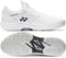A pair of white Yonex Power Cushion Sonicage Wide Unisex Tennis Shoes, shown from the side and bottom. The side view highlights the "Sonicage" label and Yonex logo; the sole features a herringbone grip and Yonex branding.