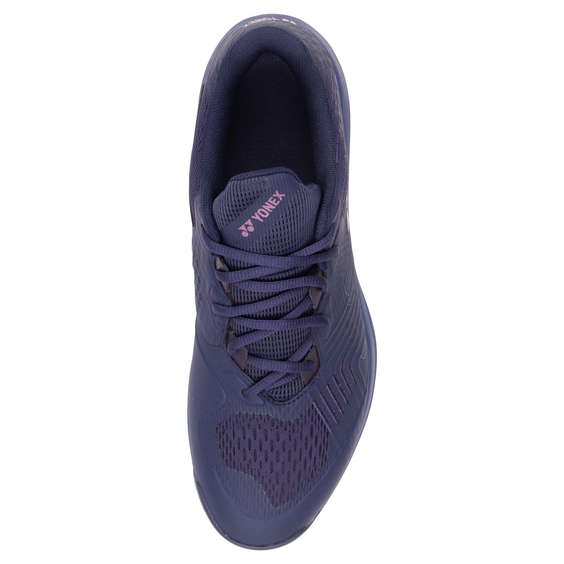Top view of dark navy Yonex Power Cushion Sonicage Wide Tennis Shoes, a lightweight design featuring mesh details, laces, and "YONEX" in pink on the tongue for a comfortable, wide fit.