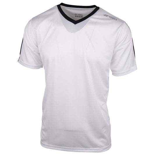 The Yonex YTM3 Men's Tennis T-Shirt in white showcases a V-neck design with black trim along the neckline and sleeves. Made from breathable polyester, this fabric ensures freedom of movement, making it perfect for athletic activities.