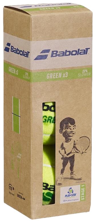 A cardboard box of Tennis HQ Babolat Green X3 Stage 1 Tennis Balls (3 balls), ITF approved and ideal for beginners, features product branding, a cartoon character with a racquet, and a cutout displaying the green balls inside.