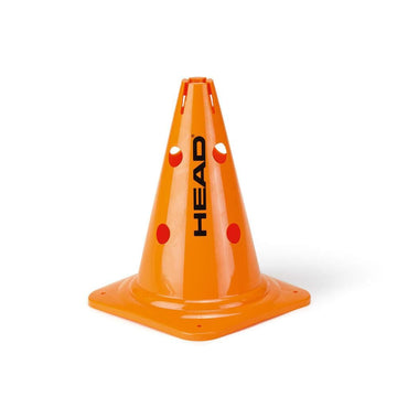 The HEAD Big Training Cones, manufactured by HEAD, are orange traffic cones designed with circular holes and the word "HEAD" prominently displayed vertically in black. These cones are ideal for target exercises and feature a square base for stability, all set against a plain white background. They are perfect for marking boundaries during running exercises or drills.