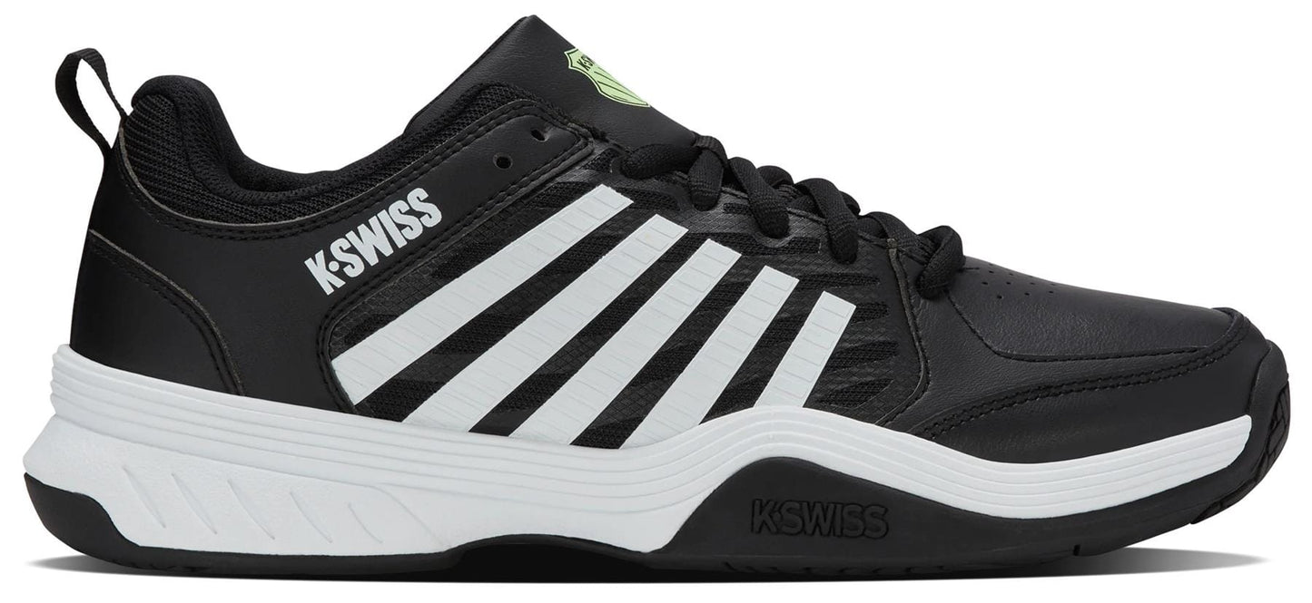 The K-Swiss Express 2 Men's Tennis Shoe in Black/White/Soft Neon Green features white stripes, a white sole, black laces, and prominent K-Swiss logos near the heel and tongue, reflecting its athletic tennis design in a side profile view.