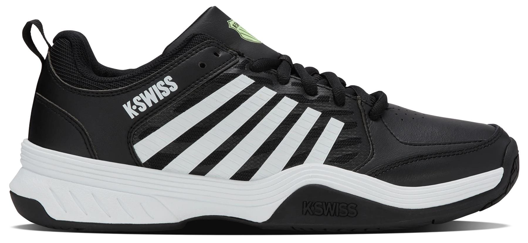 The K-Swiss Express 2 Men's Tennis Shoe in Black/White/Soft Neon Green features white stripes, a white sole, black laces, and prominent K-Swiss logos near the heel and tongue, reflecting its athletic tennis design in a side profile view.