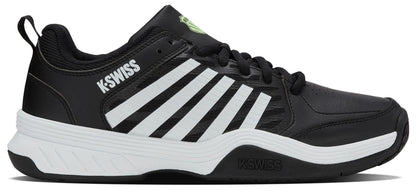 The K-Swiss Express 2 Men's Tennis Shoe in Black/White/Soft Neon Green features white stripes, a white sole, black laces, and prominent K-Swiss logos near the heel and tongue, reflecting its athletic tennis design in a side profile view.