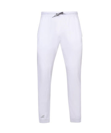 Introducing the Babolat Play Men's Tennis Pants in White, featuring an elastic waistband and drawstring for a comfortable fit. These pants are crafted from four-way stretch fabric and boast a slim fit design with a subtle logo near the left ankle, offering a clean and minimalist appearance. Perfect for both sports and casual outings, these pants are also ideal for winter evenings.