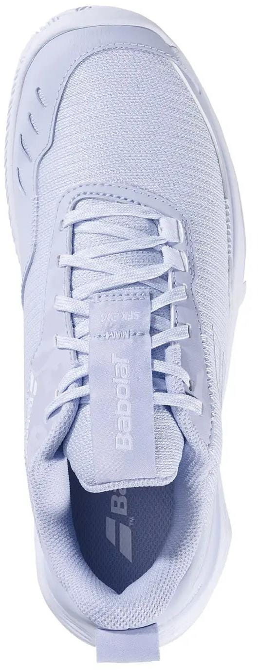 A top view of the Babolat SFX Evo Carpet Women's Tennis Shoes in Xenon Blue/White, featuring a wide fit, mesh and synthetic materials, lace-up design, and "Babolat" branding on the tongue and side.