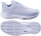 A pair of Babolat SFX Evo Carpet Women's Tennis Shoes in Xenon Blue/White, shown from the side and bottom, feature a mesh upper, laces, and a textured rubber sole with a herringbone pattern for wide-fit comfort.