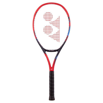 Introducing the Yonex VCORE 98 Tour Tennis Racket (Frame Only) in Scarlet—a high-performance racket in striking red and black with a black grip and signature geometric logo on the strings, designed for advanced players who demand precision and control.