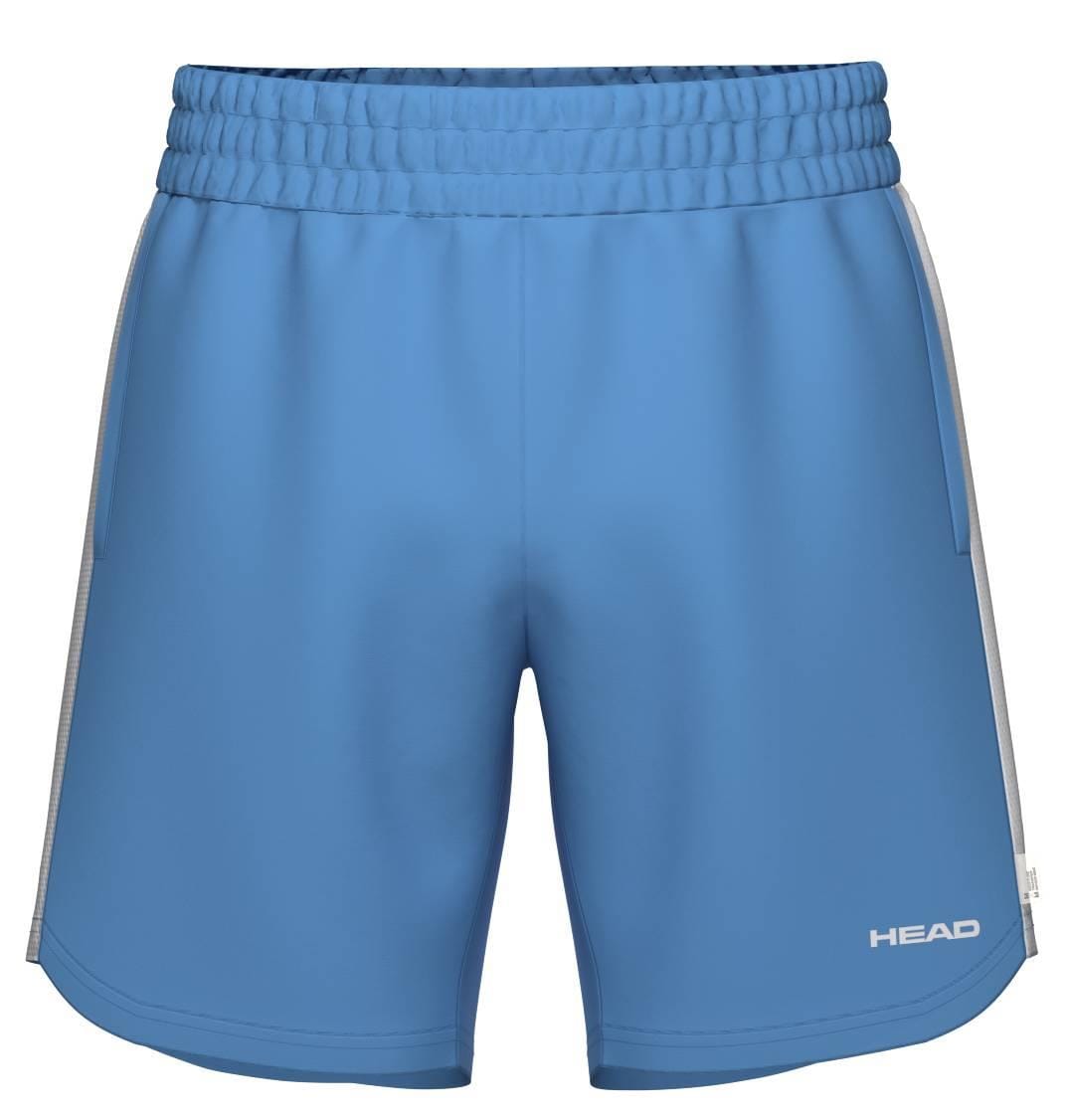 HEAD Power Men's Tennis Shorts in Airforce Blue/White feature an elastic waistband, white side panels, and the HEAD logo on the lower left leg. Designed for comfort, these breathable shorts are ideal for intense tennis matches.