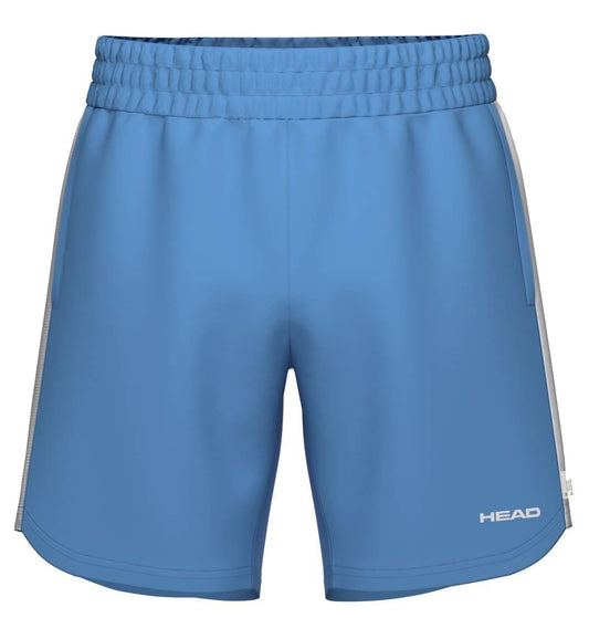 HEAD Power Men's Tennis Shorts in Airforce Blue/White feature an elastic waistband, white side panels, and the HEAD logo on the lower left leg. Designed for comfort, these breathable shorts are ideal for intense tennis matches.
