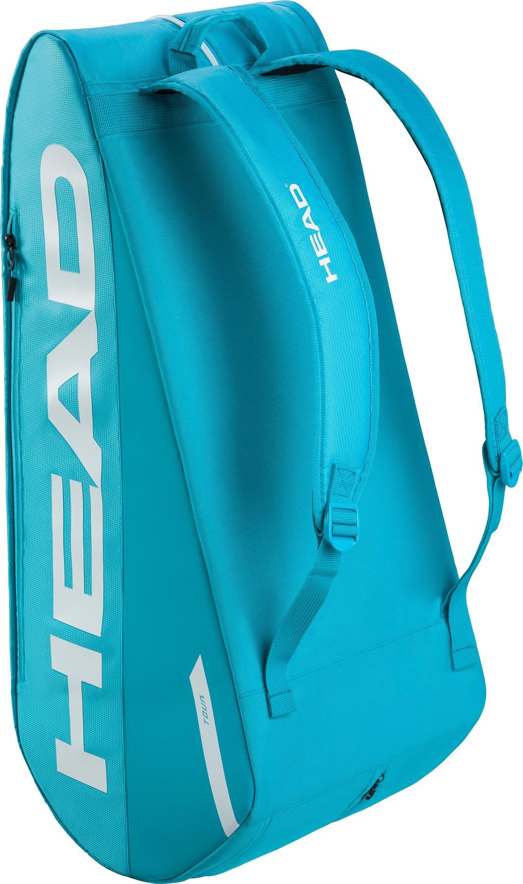 The HEAD Tour 9 Racket Tennis Bag L - Blue features white HEAD branding, two shoulder straps, a side handle, sleek modern tennis bag styling, and CCT+ climate control technology.