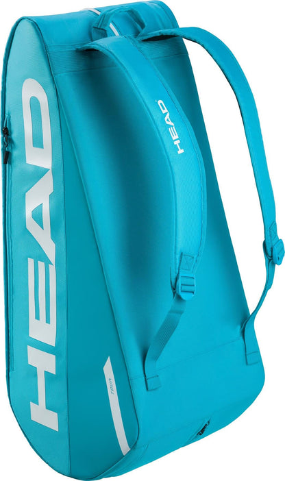 The HEAD Tour 9 Racket Tennis Bag L - Blue features white HEAD branding, two shoulder straps, a side handle, sleek modern tennis bag styling, and CCT+ climate control technology.