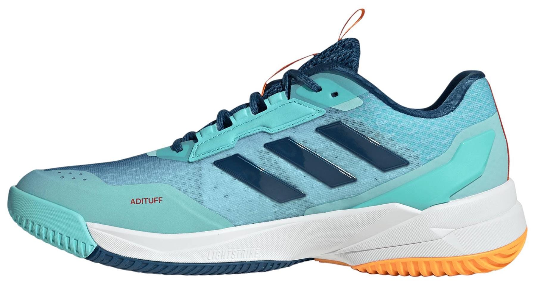 The ADIDAS Crazyflight 6 Men’s Indoor Tennis Shoes feature navy mesh and synthetic uppers with dark blue adidas stripes, orange accents, and a white sole with an orange heel section—designed for performance on indoor courts.