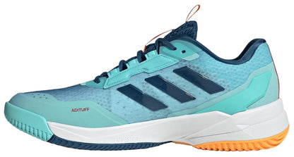 The ADIDAS Crazyflight 6 Men’s Indoor Tennis Shoes feature navy mesh and synthetic uppers with dark blue adidas stripes, orange accents, and a white sole with an orange heel section—designed for performance on indoor courts.
