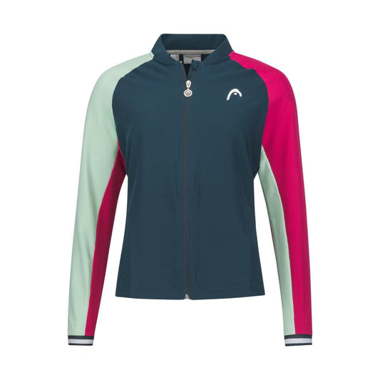 The HEAD Performance Women's Breaker Tennis Jacket - PANV by HEAD is a stylish piece featuring a front zipper. It showcases a dark blue body with a distinctive left sleeve in light green and pink, while the right sleeve is dark blue with a pink shoulder. The jacket incorporates moisture transfer microfiber for enhanced comfort, and a small white logo elegantly adorns the chest.