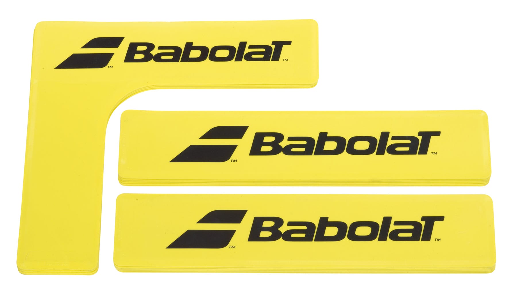 Add versatility to your tennis practice setup with the Babolat Mini Tennis Training Kit. The kit includes yellow stencil sheets featuring the iconic Babolat logo in black, comprising one L-shaped sheet and two rectangular ones.