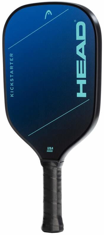 The HEAD Kickstarter Blue Pickleball Paddle features a blue face with light blue diagonal lines, a black handle, and is ideal for beginners looking to get started.