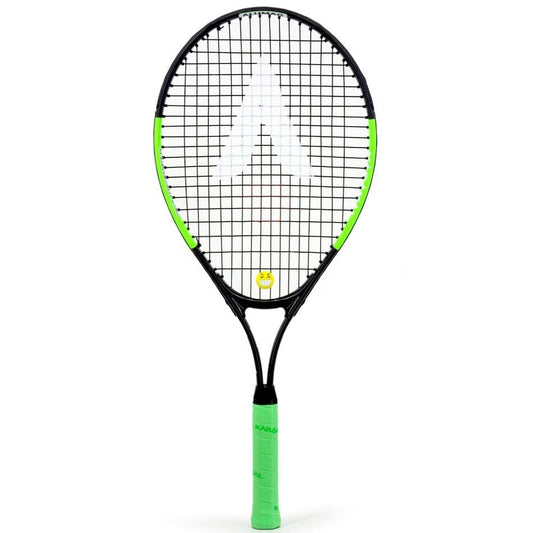 The Karakal Flash 25 Junior Tennis Racket - Green / Black, designed by Karakal, features a sleek black frame with a vibrant green handle. It showcases a prominent white logo on the strings and includes a bright green grip on the handle for enhanced style and performance on the court.