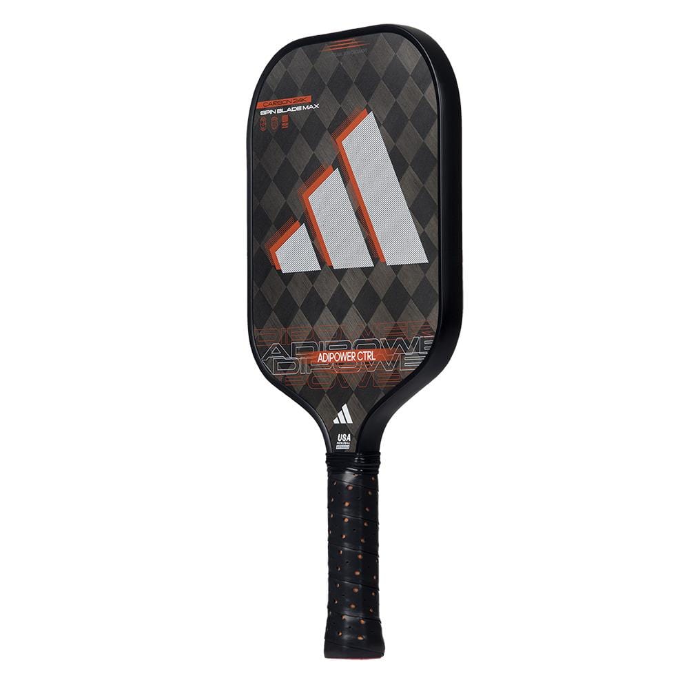 The adidas ADIDAS Adipower CTRL 3.3 Pickleball Paddle in black and orange features a bold three-stripe logo, “ADIPOWER CTRL” text, and an ergonomic black handle with orange accents—ideal for advanced players.