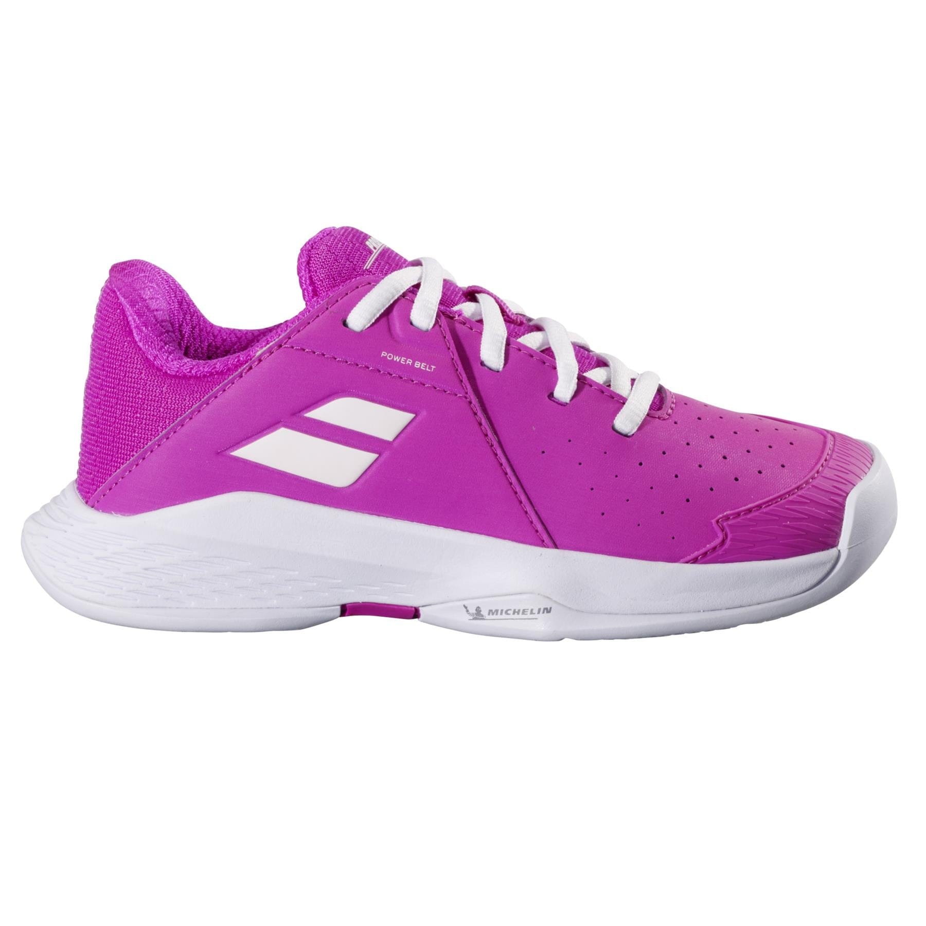 The Babolat Propulse Junior 3 Girls Tennis Shoes in Fandango Pink feature white laces, a white sole, and white geometric side accents. Designed for girls and shown on a plain white background.