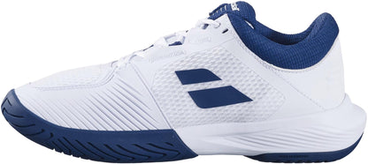 The Babolat SFX EVO All Court Women's Tennis Shoes in White/Forever Blue feature a low-cut, textured design with blue sole, inner lining, and side stripes, offering agile support for all-court tennis play.