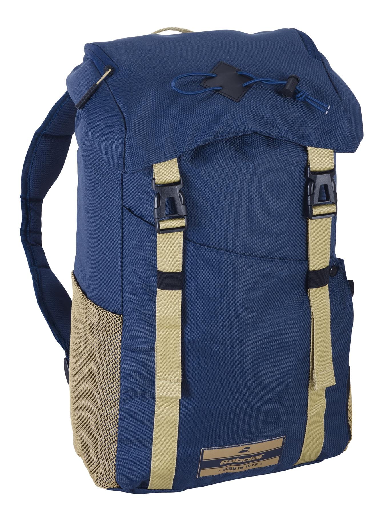 The Babolat Classic Backpack - Dark Blue, from Babolat, is ideal for carrying tennis essentials. It showcases a blue design with beige straps and mesh side pockets. The backpack is equipped with black buckle closures and a blue drawstring on the flap. A distinctive rectangular patch adorns the front, made from recycled PET materials.