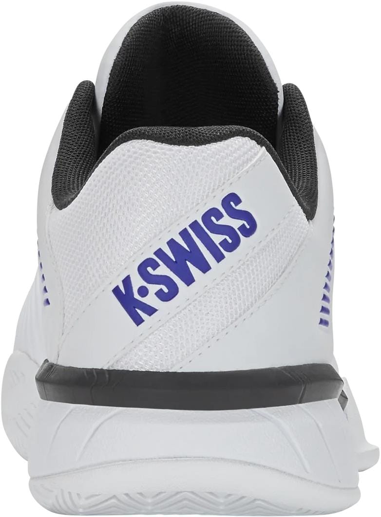 Rear view of a K-Swiss Express Light 3 Men’s Tennis Shoe in white, dazzling blue, and black, featuring the K-SWISS logo on the back heel for lightweight performance.