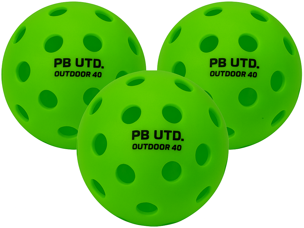 Three green Pickleball United Freedom 40 Outdoor Pickleball Balls are shown. Each ball, made by Pickleball United, is labeled "PB UTD. OUTDOOR 40" in black and designed with multiple holes for outdoor play. Set includes three balls.