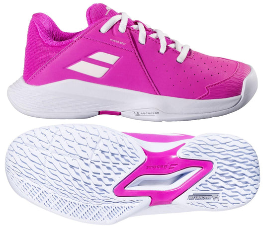 A pair of Babolat Propulse Junior 3 Girls Tennis Shoes in Fandango Pink, with white soles and accents, shown from the side and bottom to highlight the Michelin outsole tread pattern and Babolat logo details.