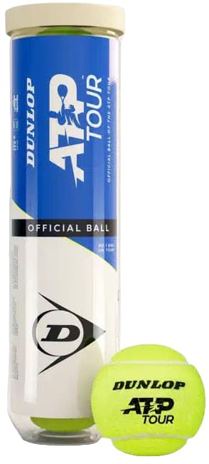 A Dunlop ATP Tour Tennis Balls 4 Ball Tube with blue and white labeling is shown next to a yellow tennis ball featuring the Dunlop ATP Tour logo, emphasizing Dunlop’s tour-level quality for professional play.
