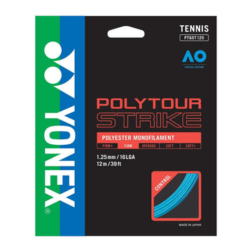 The image features the Yonex Polytour Strike Tennis String packaging in a vivid design, highlighting details such as its 1.25 mm gauge and 12 m length. Crafted from durable polyester, this string offers excellent control. The Yonex logo, symbolizing an official tennis partnership, is prominently displayed.
