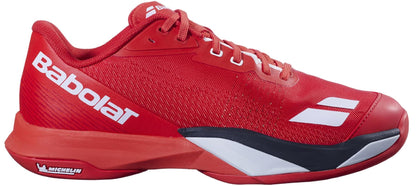 The Babolat Jet Mach 4 All Court Men's Tennis Shoes in Cherry Tomato/White offer a textured upper, lace-up design, and a Michelin logo on the heel for responsive on-court performance.