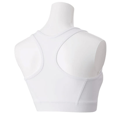 A Yonex 46045 Women's Tennis Sports Bra in White is displayed on a mannequin. The design incorporates a racerback style with VERYCOOL technology, showcasing its supportive structure. The back view highlights its seamless, smooth fabric and provides UV reduction for extra protection.