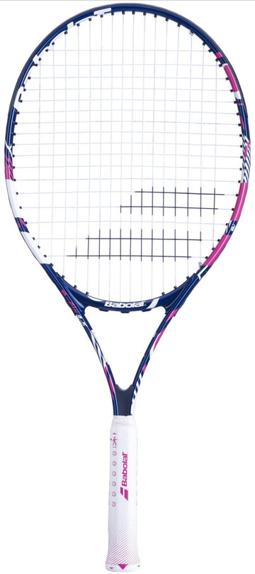 The Babolat B-Fly 25 Junior Tennis Racket - Blue / Pink features a white and pink grip, a blue and white frame, and sleek white strings. Ideal for young players, its vibrant design incorporates blue, white, and pink to create an eye-catching look.