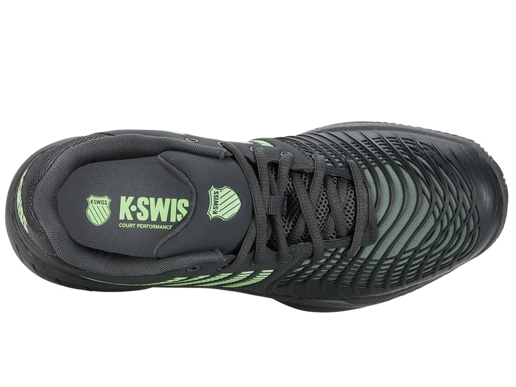 Elevated view of the K-Swiss Express Light 3 HB men's tennis shoe in a Sea Spray and Urban Chic colorway, showcasing soft neon green accents along with the signature K-Swiss logo on both the tongue and inner sole. Crafted with a textured upper to boost on-court performance, this shoe is ideal for clay court surfaces.